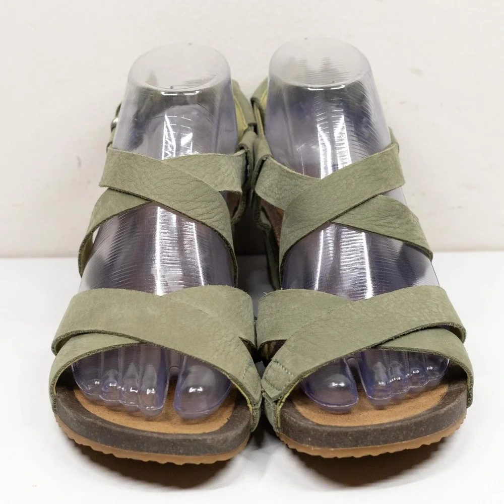 TEVA Mahonia Cross Strap Cork Wedge Leather Sandals Olive Green Sz 7.5